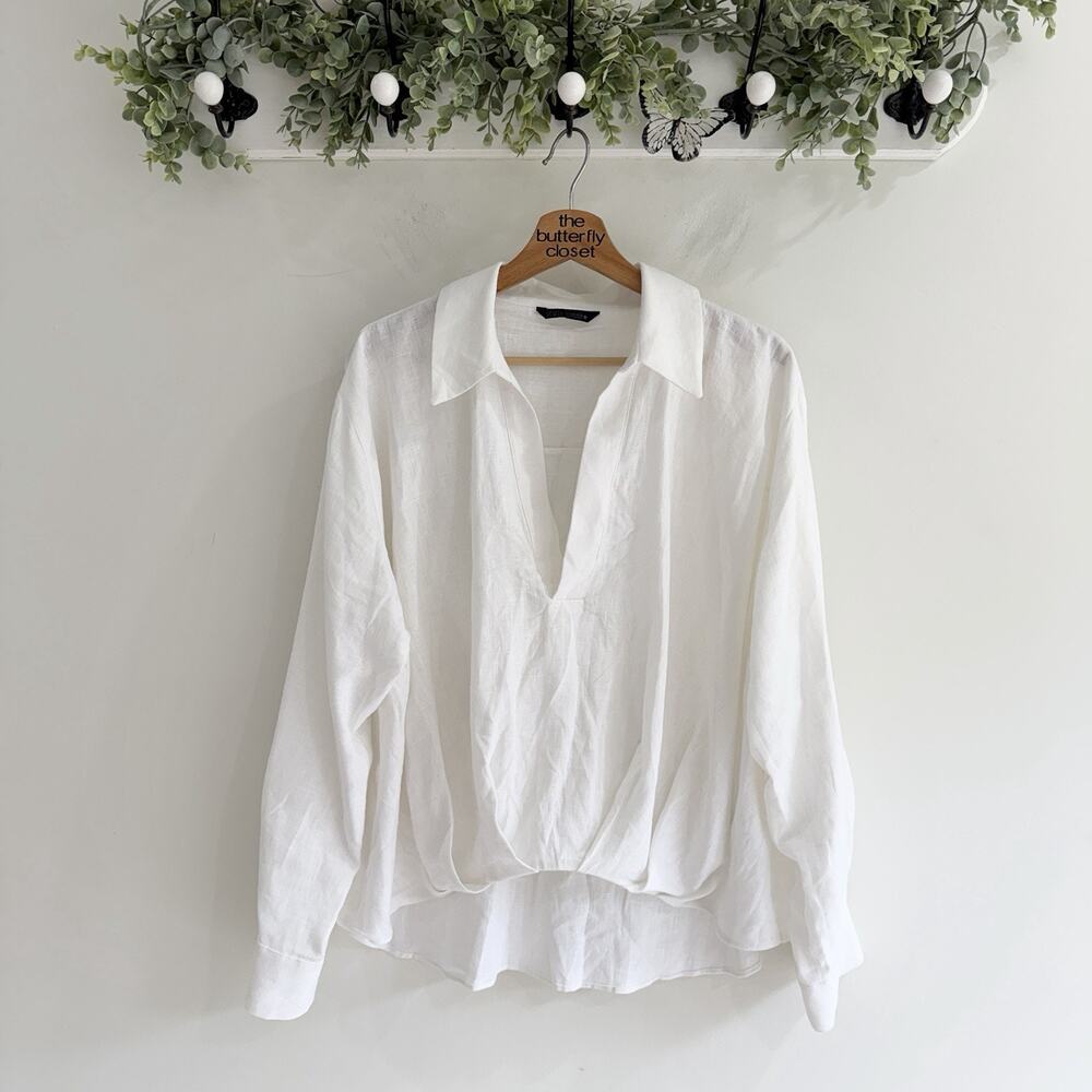 Zara White Linen V Neck Gathered Blouse Medium Boxy KD